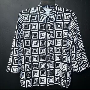 Vintage Allison Daley Blouse Shirt Top Button Up Black White Geometric Pads 8P
